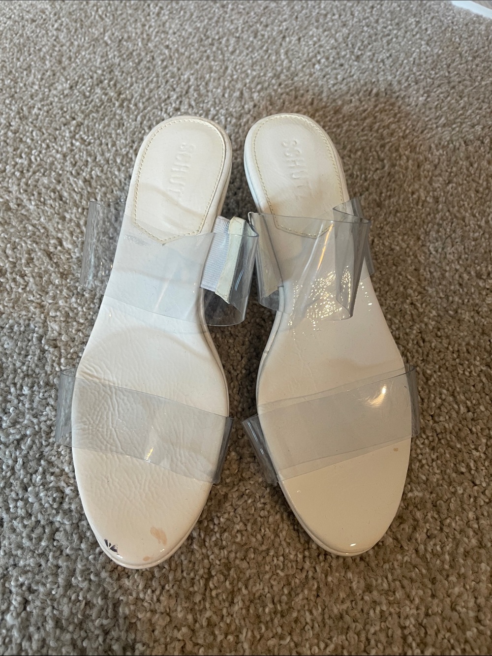 Schutz Clear Strap White Slide Sandals